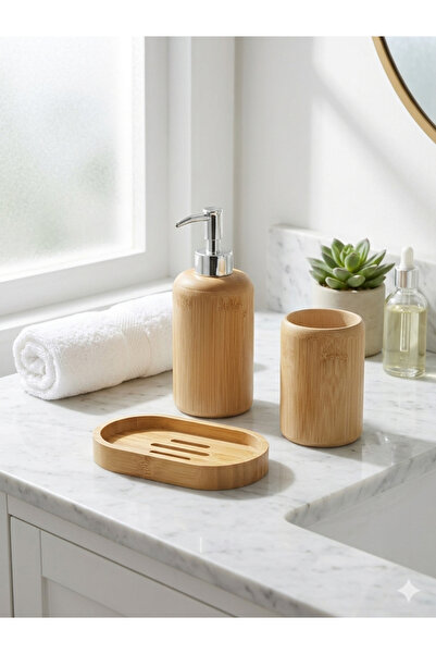 OLİVYA Lüx Bambu 3 Parça Banyo Seti - Sıvı Sabunluk, Diş Fırçalık ve Sabunluk...