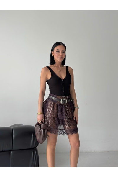 ParlaMira Women's Floral Pattern Belted Shorts Layered Skirt