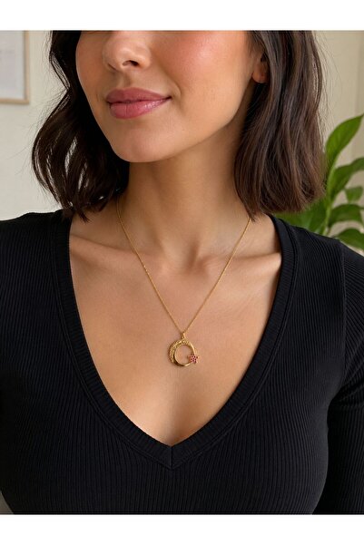 NOIRWEAR Ay Yıldız Kolye Altın Renk Zirkon Taşlı Minimal Kadın Kolye