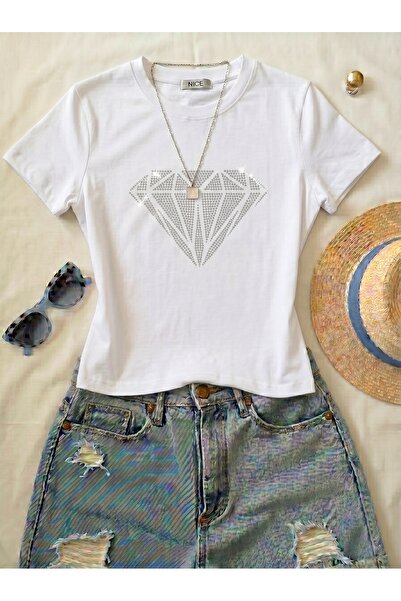 NİCE Women's Super Women Stone Printed - Lycra Short Sleeve Body Tee Crop