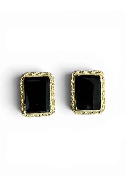 stravis Gold Color Textured Black Enamel Earrings