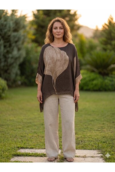 Punta Otantik NC16881 Bluză italiană din mătase cu model scoici maro