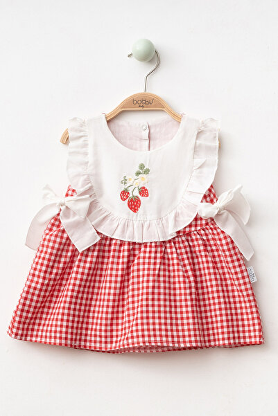 YUKOBABY KIZ BEBEK ÇİLEK NAKIŞLI PÖTİKARE FİYONKLU ELBİSE YK1734FW