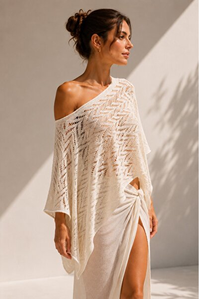 Ferraro Ecru Guler tip Madonna Tricotaj transparent Pareo Poncho