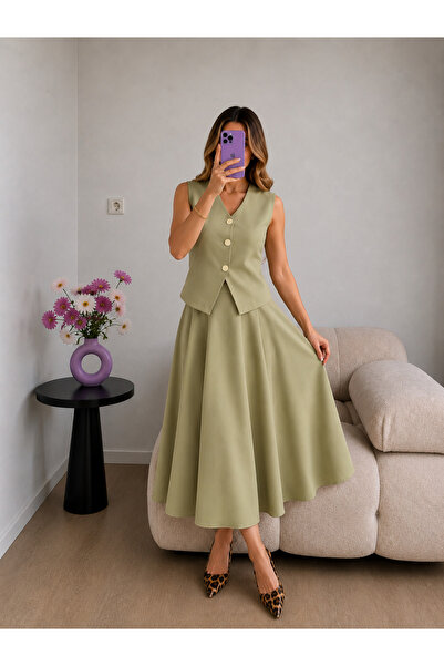 Ekim Store Gold Buttoned Vest Skirt Double Blazer Suit