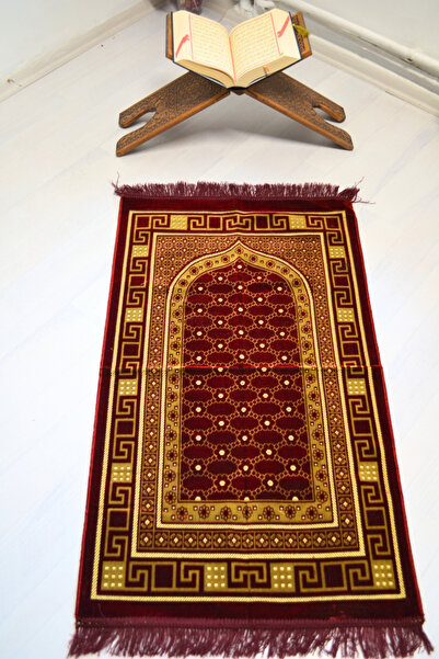 Bilenler Velvet Floral Patterned Prayer Rug Claret Red