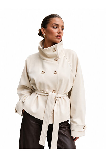 My Glowya Beige Stand Collar Belted Oversize Trench Jacket