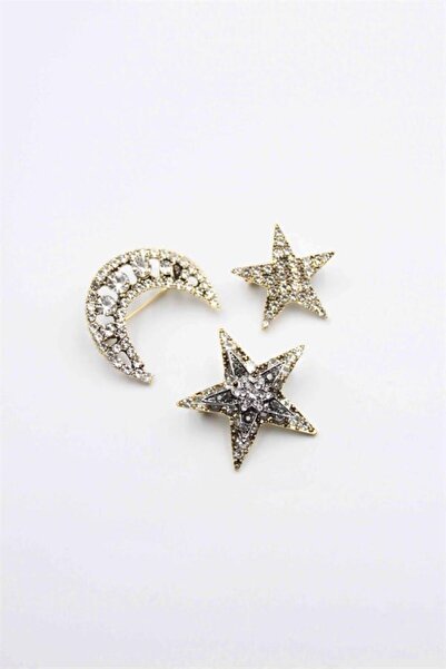 Royaleks Set of 3 crescent moon and star brooches - gold