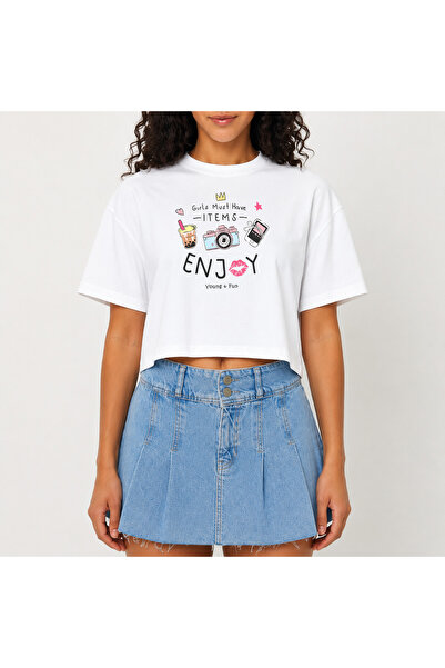 URBANTRENDSTORE Crop T-shirt με λευκό σχέδιο, άνετη εφαρμογή, ακατέργαστη κοπ...