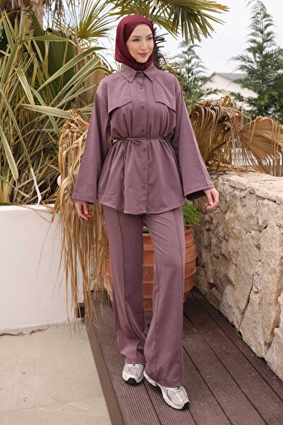 İmajButik Mürdüm Bel Tie-Detail Tunic Trouser Set