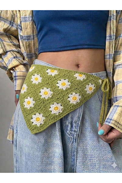 synshop Green Cream Knit Sunflower Daisy Triangle Waist Bandana Women Bohemia...