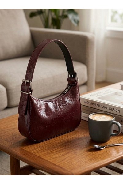 ser arte Women's Patent Leather Baguette Shoulder Bag with Zipper Closure and Strap Detail