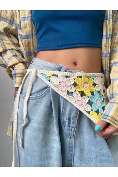 synshop Cream Blue Yellow Knitted Sunflower Daisy Patterned Triangle Waist Ba...