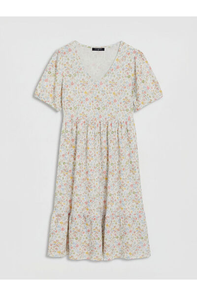 LC Waikiki New Season Blue V-Neck Floral Balloon Sleeve Layered Dress by Güli...