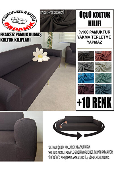 İLYEVTEKSTİLİ 100% Cotton Fabric 1 Piece Three-Seat Sofa Cover, Complete Cove...