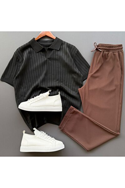 Beylerce Nurse Collar Ribbed Knitwear T-Shirt + Ribbed Trousers 2-Piece Combi...