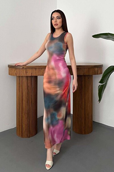 Caddebostan Moda Rochie elastică, fără mâneci, cu model batik, lungime maxi, ...