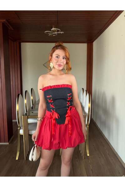 Arwey Kadın Büstiyer Balen Detaylı Straplez Siyah Kırmızı