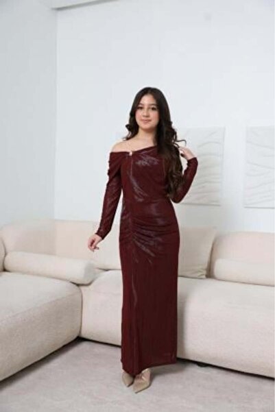 zelia Luxurious Shiny Maroon Off-Shoulder Long-Sleeved Dress for Teens and Gi...