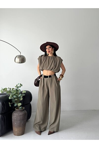 Celiora Women's Belted Casual Trousers Crop Blouse Double Set