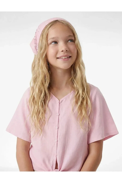 Koton Short Sleeve V-Neck Linen and Viscose Blend Tie-Up Blouse
