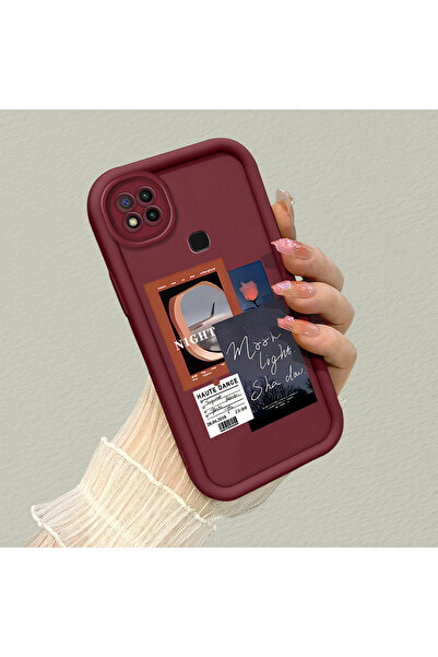 CHICASELUX Redmi 9C/10A Uyumlu Bordo çerçeve vintage fotoğraf kolaj motifli e...
