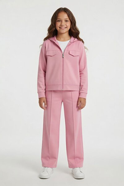 Cansın Mini Pink Zippered Cardigan and Tracksuit for Girls, 2-Piece Set 24507