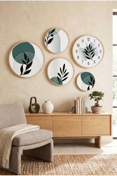 Zevahir Mobilya Dekorasyon 5 Parça Yuvarlak Ahşap Çerçeveli Minimalist Çizgil...