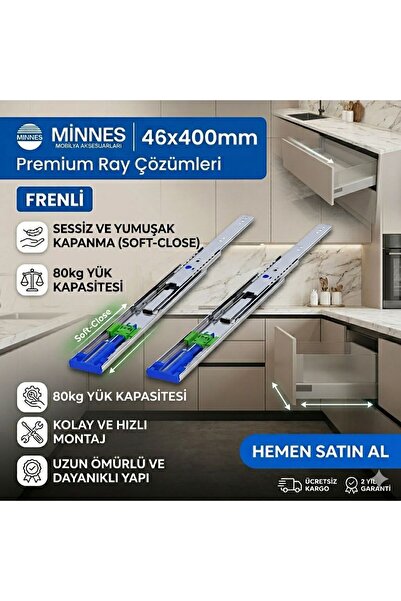 Minnes 46x400 mm Ağır Yük Çekmece Rayı Frenli Sessiz Yavaş Kapanan 80 kg Kapa...