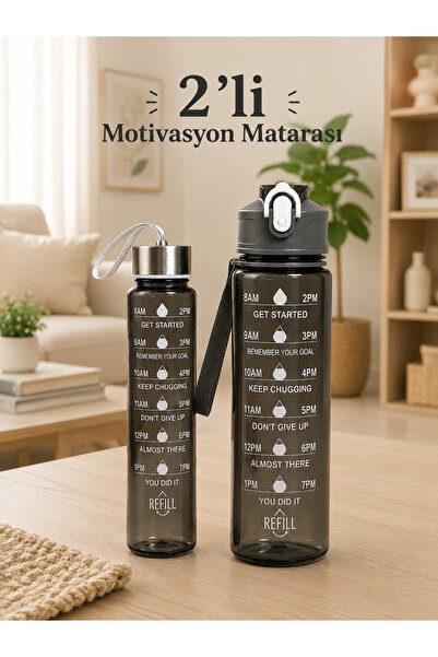 BEYZANA 2’li Motivasyon Matarası Siyah Şeffaf Kokusuz Stickerlı Suluk | Pipet...