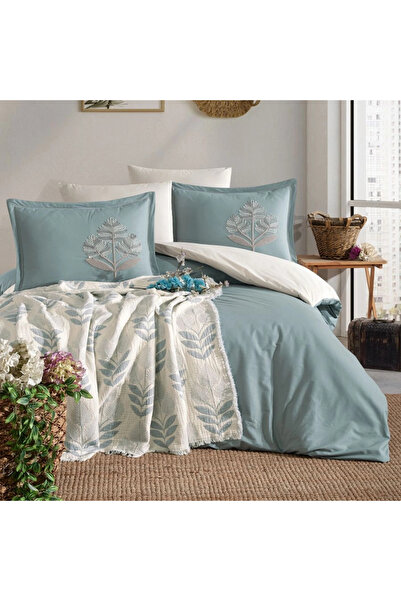 Clasy 100% Cotton Double Muslin Covered Duvet Cover Set Loreva V2 Mint