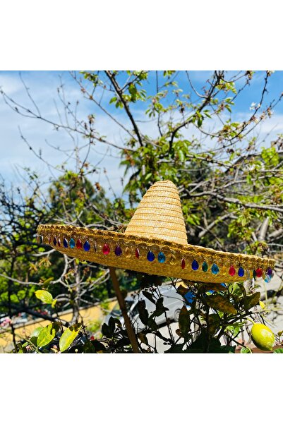 AKTEZ-EL Pălărie mare mexicană din paie naturală - cu mărgele colorate
