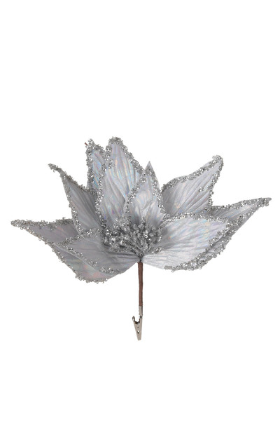 Zumzeria Floare decorativă de Crăciun cu sclipici argintiu și cleme 30cm