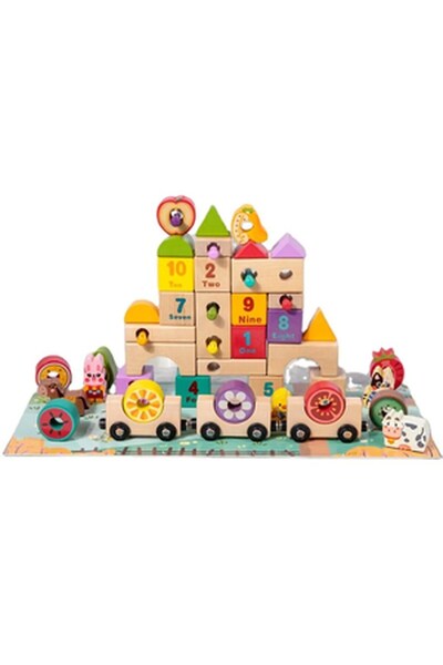 sallma Set educativ din lemn Farm Blocks cu numere, forme si vagoane fructe-a...