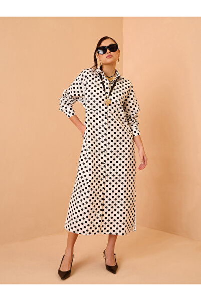 Sassafras By Styli White Polka Dot Cotton Shirt Midi Dress