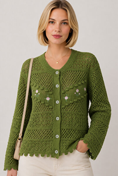 FERHEL Women's Floral Embroidered Front, Pompom Embossed Detail, Buttoned Kni...