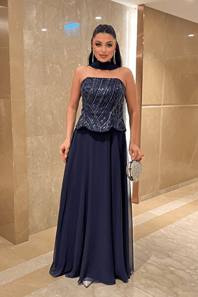 giyimmasalı Beading on the Top and Chiffon Fabric on the Bottom Strapless Dre...