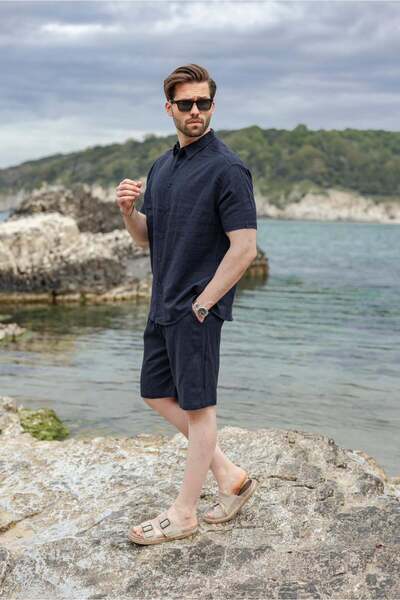 Madmext Navy Blue Linen Look Relax Fit Men's Shirt Shorts Set E7364