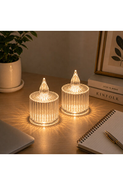 ARVALE 2 Adet Çizgili Şeffaf LED Mum Işığı – Kristal Tasarımlı Gece Lambası