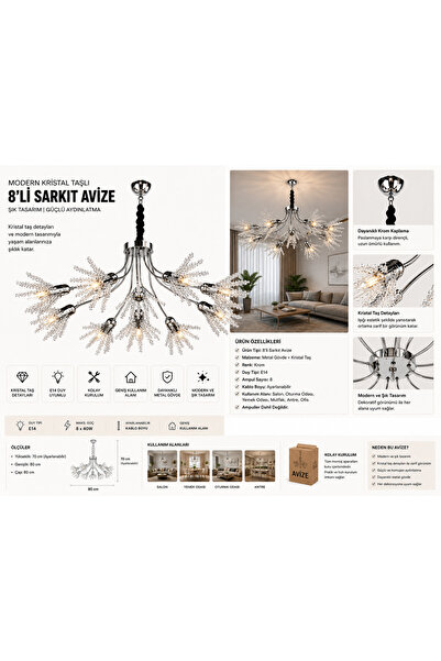 Verona Modern Kristal Taşlı 8 Kollu Krom Avize Salon Oturma Odası Avizesi