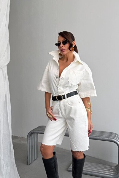 Joana Women's White Denim Overalls, Size L