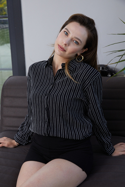 Nuevo Black Striped Woven Women's Shirt Long Sleeve Stylish Patterned Casual ...