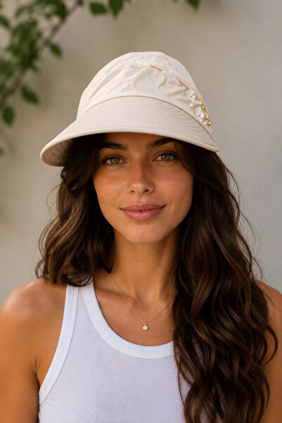 HatClub Exclusive Pălărie cu vizor pentru femei, culoare crem, cu aplicații f...