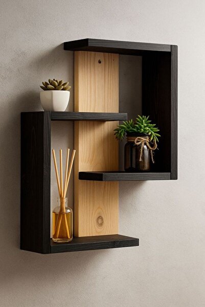 KütükOn Wooden Wall Shelf 40X50 cm Pine Wood Decorative Bookshelf Black White...