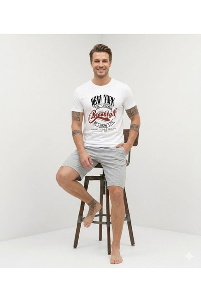 Duzor Father's Day White Men's Shorts T-Shirt Set 100% Cotton Sports Fitness New York Brooklyn America Print Comfortable Fit