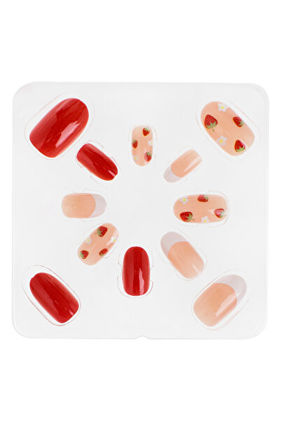 Zumzeria Nude Red Oval False Nails with Strawberry Summer Design - 12pcs