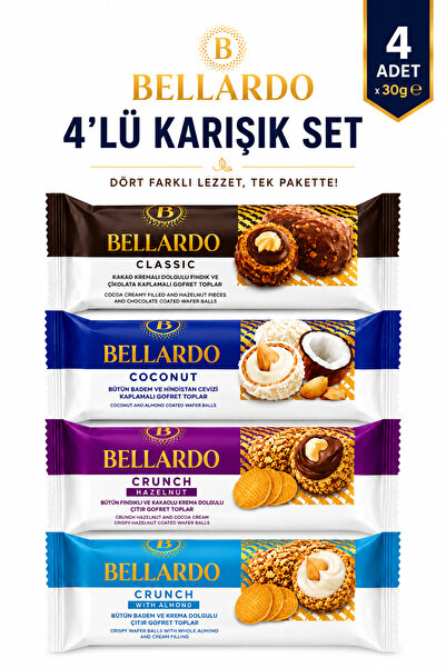 BELLARDO 4’lü Karışık Set Gofret Topları 4x30g | Coconut, Classic, Crunch Haz...