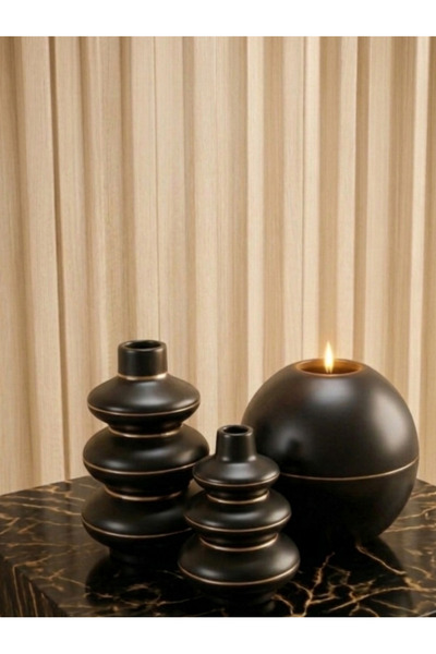 LUNİVAA HOME Dekoratif Gold + Gümüş Çizgili Vazo Mumluk Seti.Hediyelik Ev, Of...