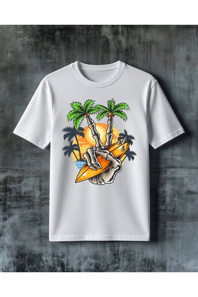COMVİCHO Tropical Surfboard Printed Oversize T-Shirt