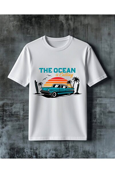 COMVİCHO Ocean Calling Vintage Car Printed Oversize T-Shirt